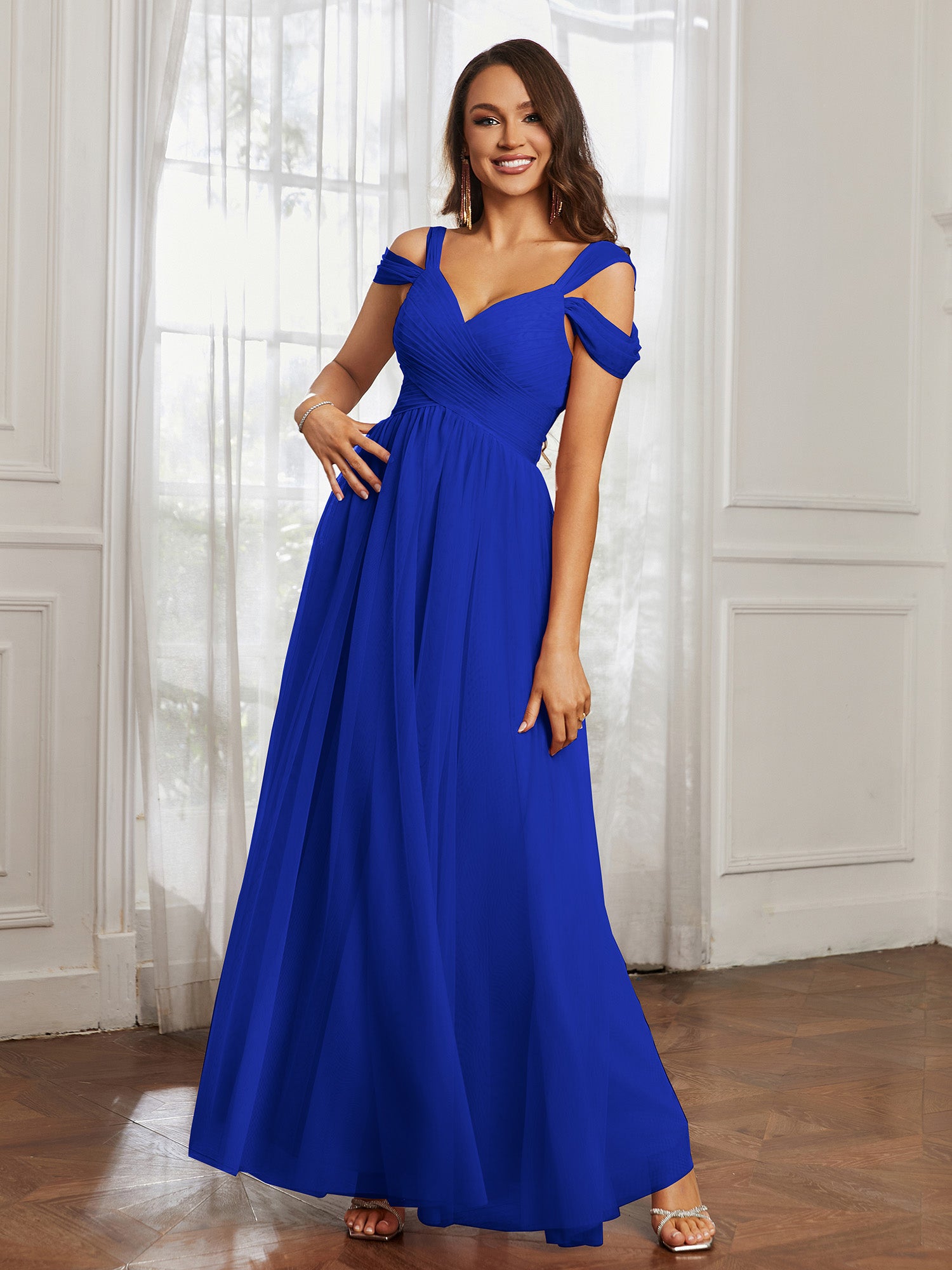 Off-the-shoulder Ruched Tulle A-line Dress Royal Blue